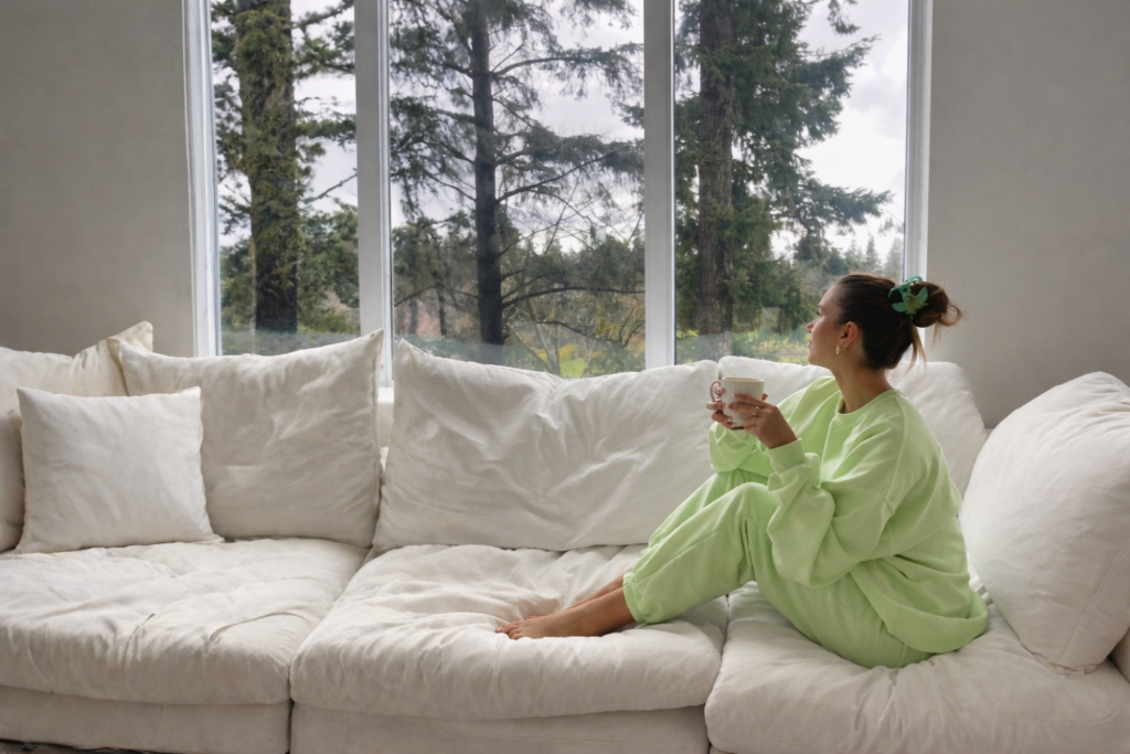 A woman sitting on a white sofa with a warm drink, looking out at evergreen trees through a large window — a calm and reflective Sunday reset moment.