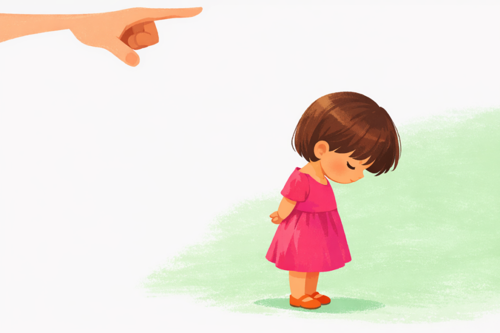 A small child in a pink dress standing with their head down while an adult hand points at them, illustrating childhood shame and emotional pressure.