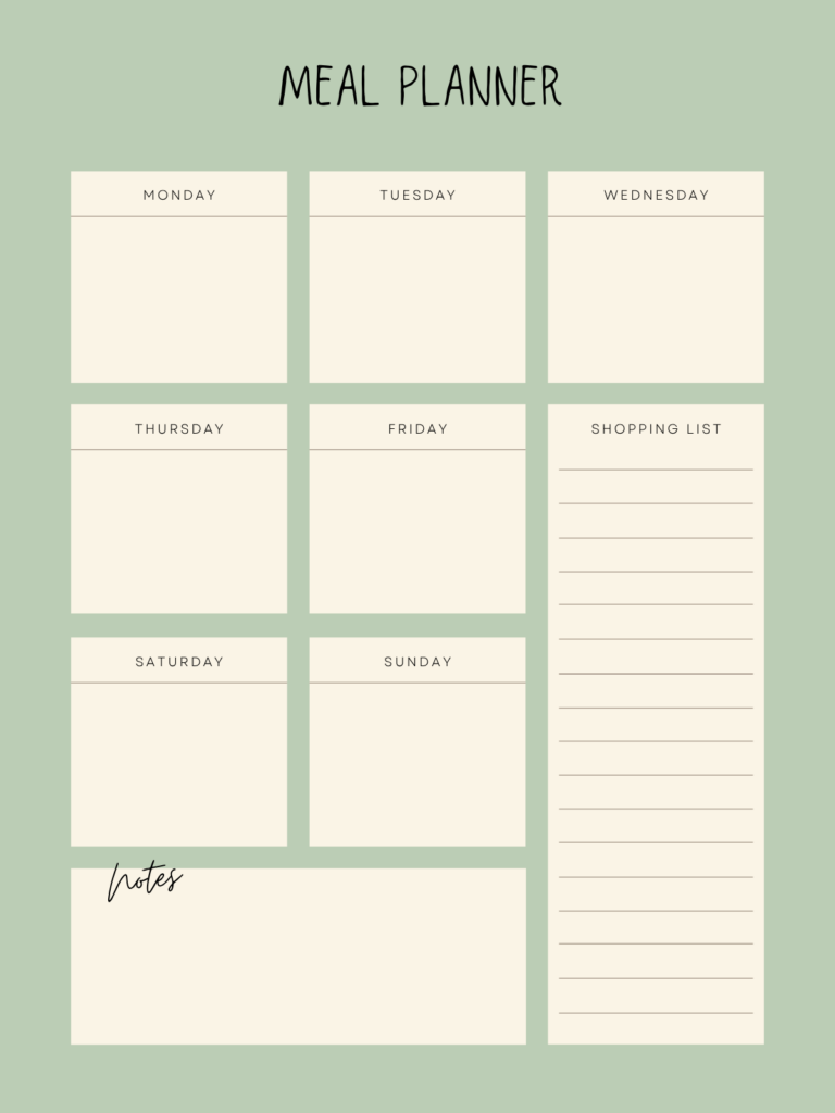 A minimalist weekly meal planner template with daily meal sections and a shopping list column, used for Sunday meal planning and weekly organization.