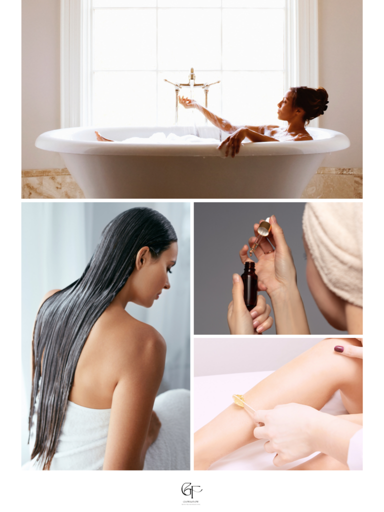 A four‑image self‑care collage featuring a bubble bath, hair treatment, skincare serum application, and body waxing, representing a relaxing Sunday reset routine.