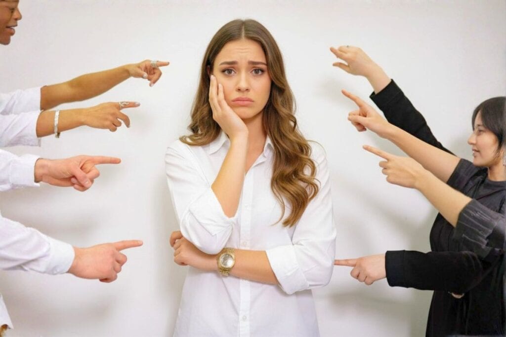 Person in a white shirt standing with a hand on their face while multiple hands point toward them from both sides, symbolizing blame, pressure, or social judgment.
