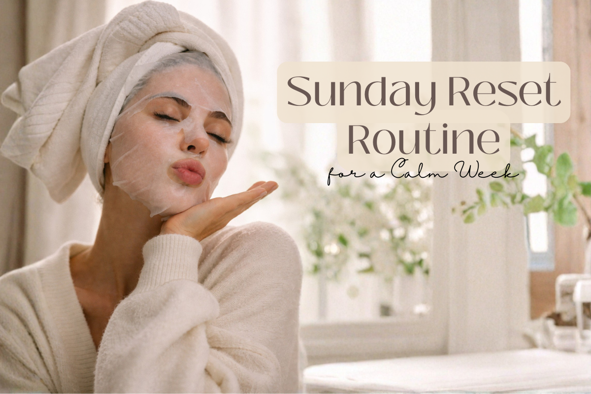 A woman wearing a white towel wrap and a sheet mask poses playfully in a cozy, softly lit room with plants in the background. The text on the image reads “Sunday Reset Routine for a Calm Week.”