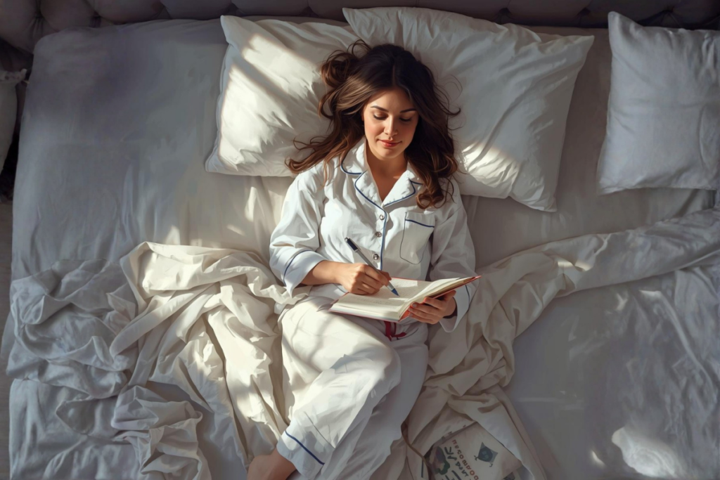 A person in white pajamas writes in a journal while lying on a bed with soft white bedding, capturing a peaceful Sunday evening wind‑down moment.