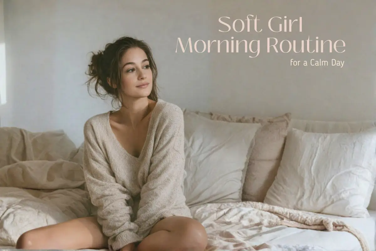"A young woman sits peacefully on a bed with beige and white bedding in a softly lit bedroom. She wears a loose, light-colored sweater and appears relaxed. The scene evokes a calm, cozy morning routine.