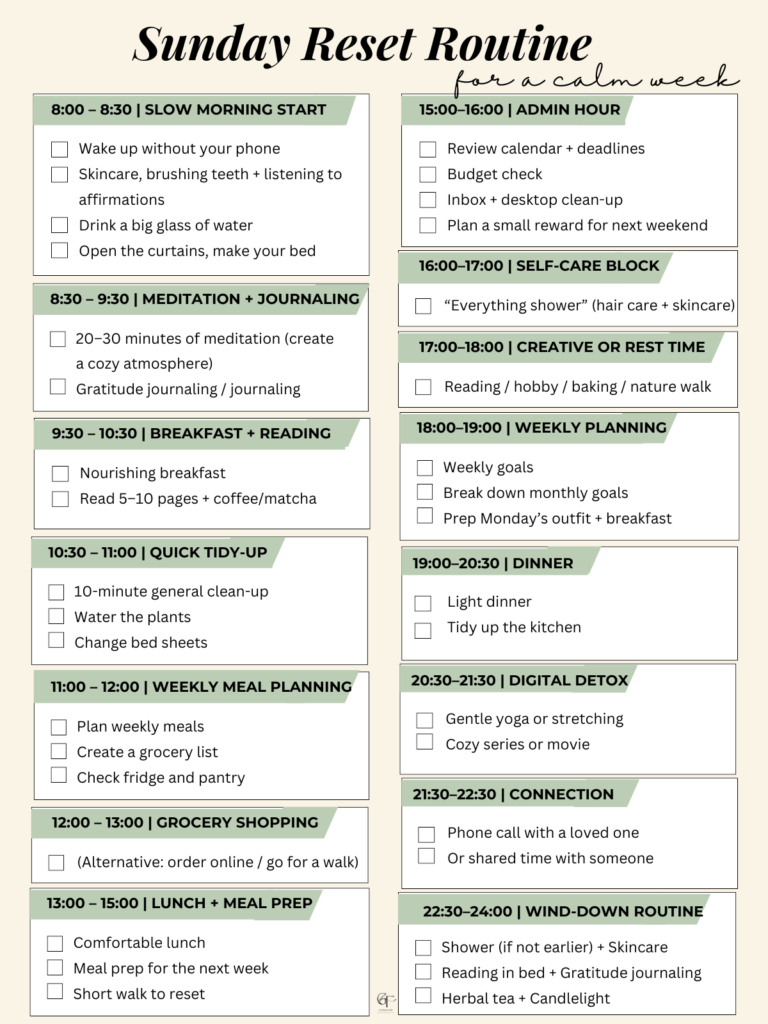 A minimalist Sunday Reset Routine schedule showing a full-day self-care and productivity plan from morning to midnight, designed for a calm and intentional week.