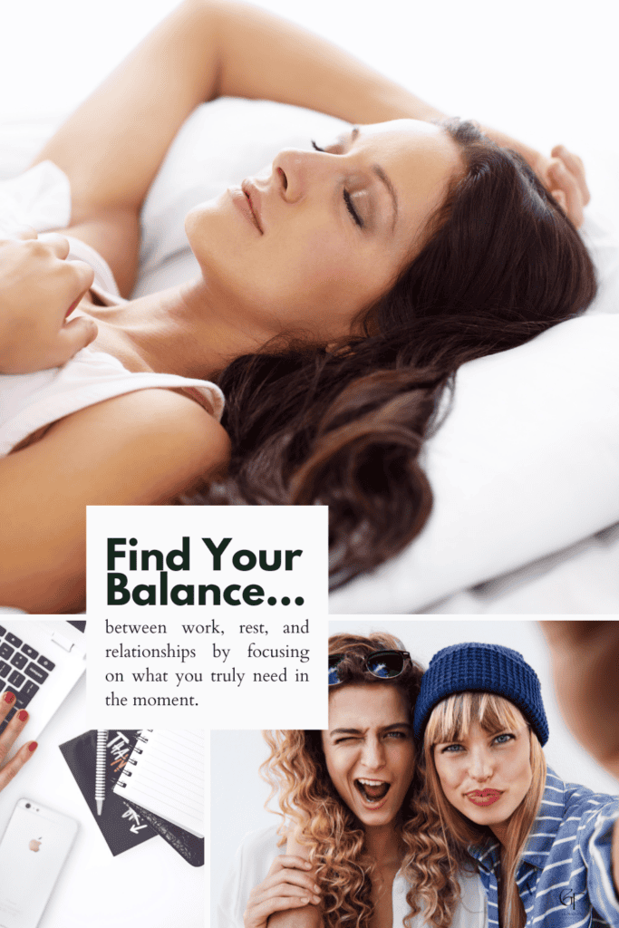 Three‑part collage illustrating life balance with images of rest, work, and relationships, paired with motivational text encouraging mindful priorities.