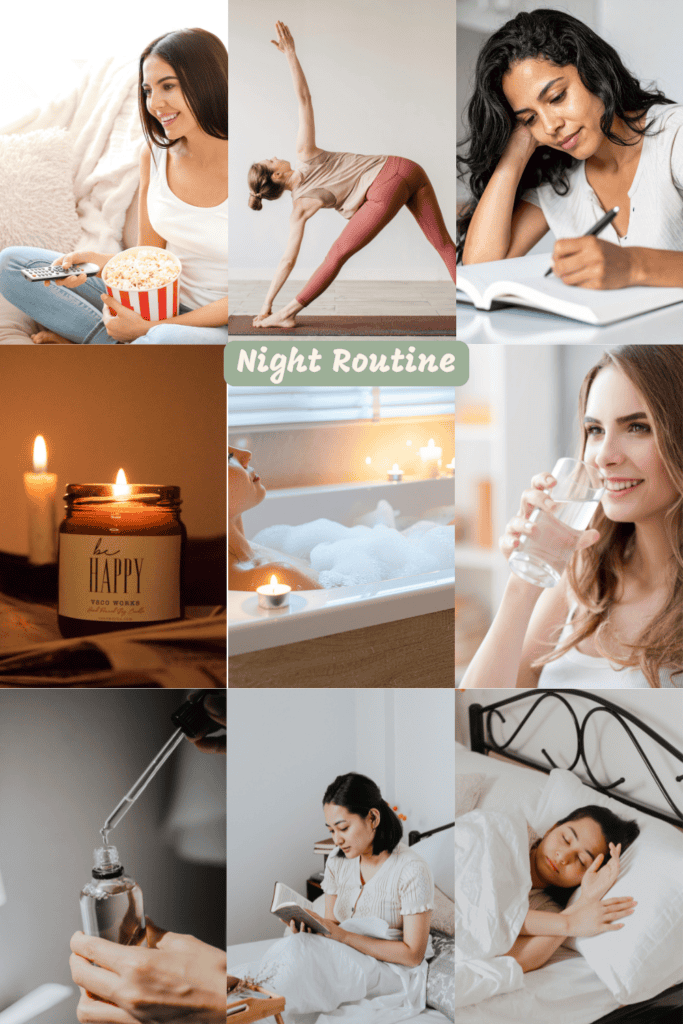 Collage of relaxing night routine ideas including journaling, yoga, skincare, hydration, a bubble bath, reading, and sleep, styled in soft neutral tones for a calming evening mood.