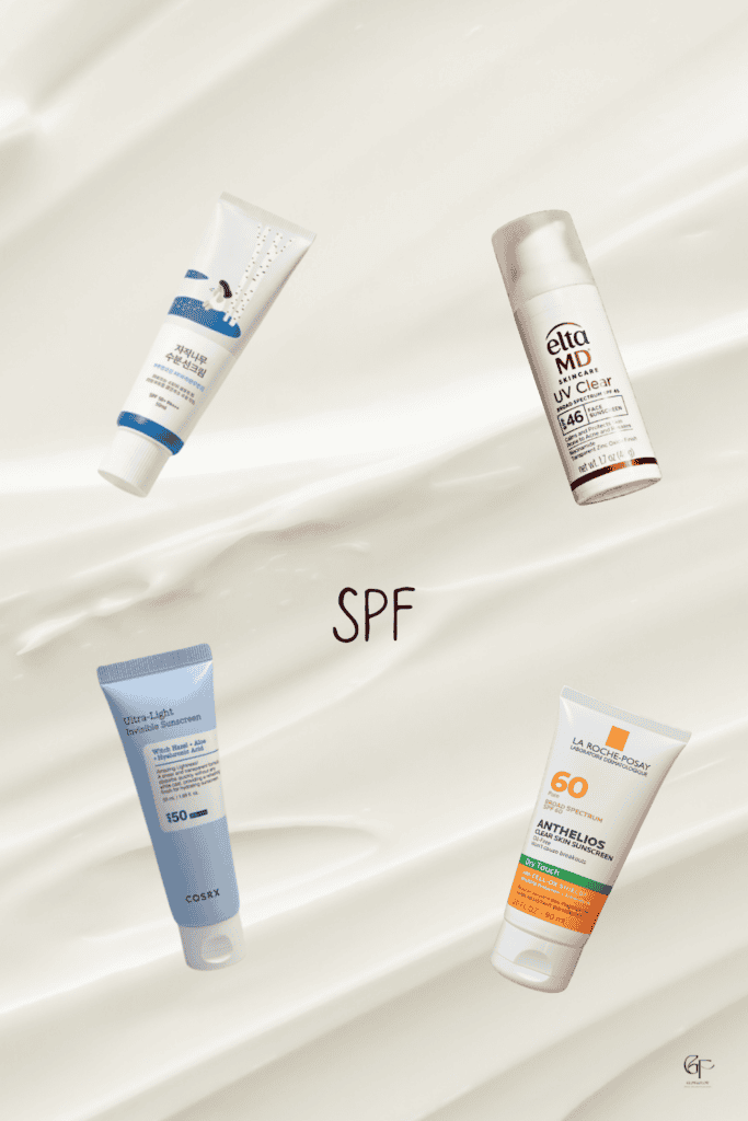 Flat‑lay of four popular sunscreen products on a light background, showcasing dermatologist‑recommended SPF options for a minimal skincare routine.