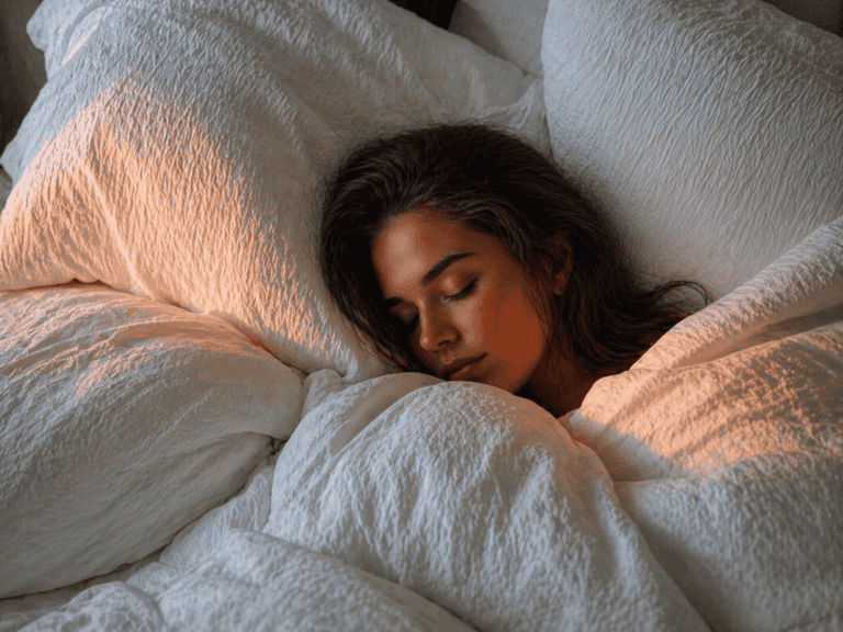 Cozy bedroom scene with a person resting among soft white pillows and blankets, warm golden light gently illuminating the peaceful, relaxed atmosphere.