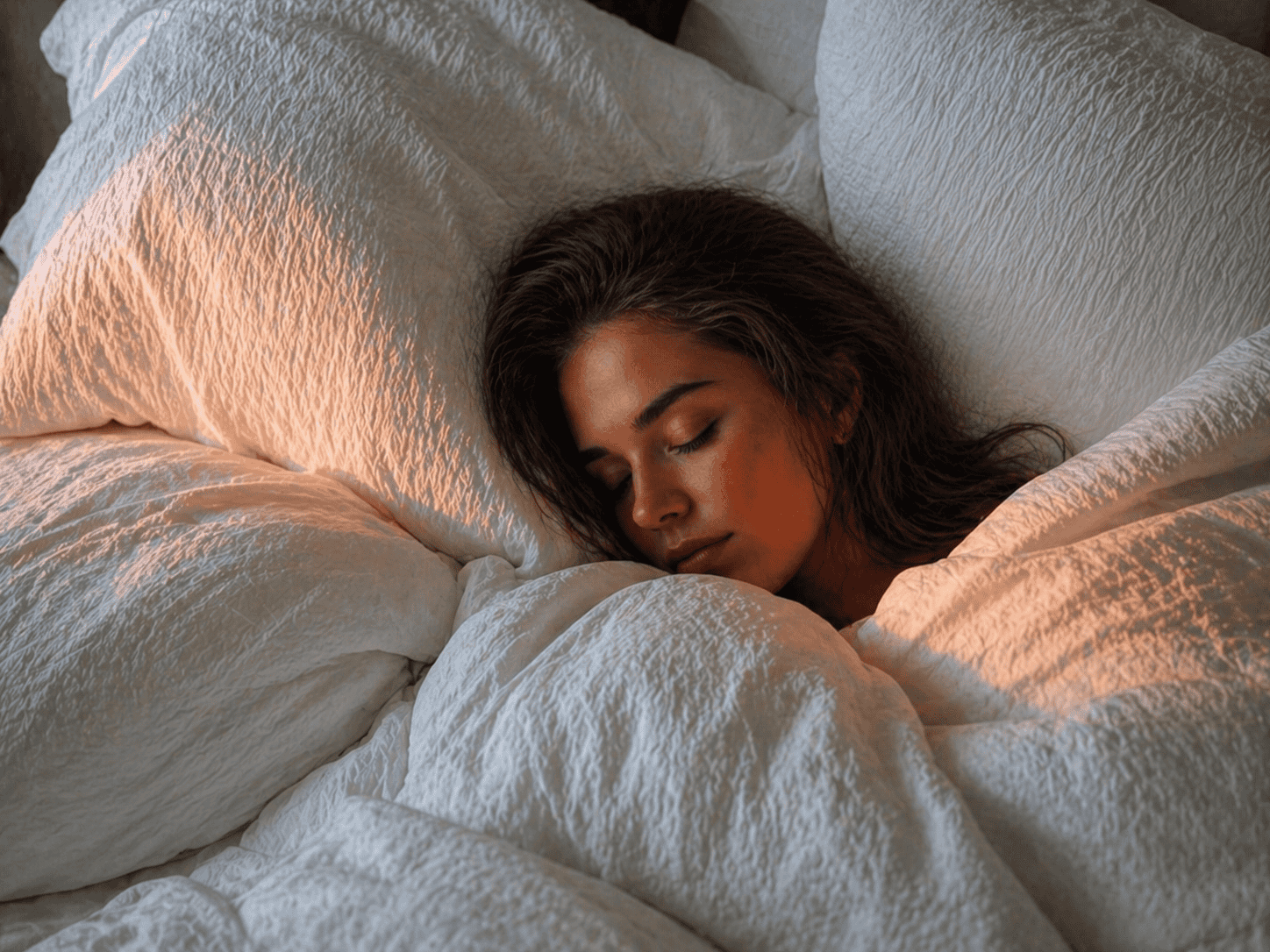 Cozy bedroom scene with a person resting among soft white pillows and blankets, warm golden light gently illuminating the peaceful, relaxed atmosphere.