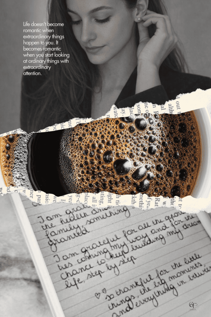 A soft, calming collage featuring a romanticizing woman looking down thoughtfully, a close-up of a warm cup of coffee, and a handwritten gratitude journal entry, creating a peaceful, reflective morning mood.