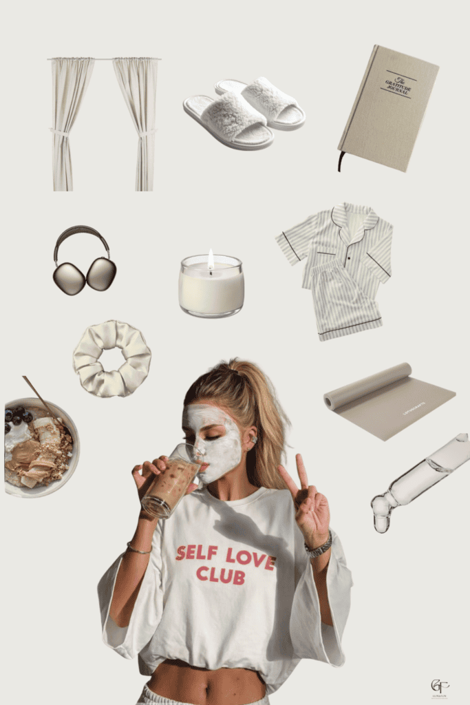 “A collage of cozy self‑care items arranged on a neutral background, including white slippers, beige curtains, a gratitude journal, metallic over‑ear headphones, a lit candle, striped pajamas, a beige scrunchie, a bowl of yogurt with granola and blueberries, a beige yoga mat, and a clear facial roller. At the bottom, a woman with long blonde hair in a ponytail wears a white crop top reading ‘SELF LOVE CLUB,’ holding an iced coffee and making a peace sign.