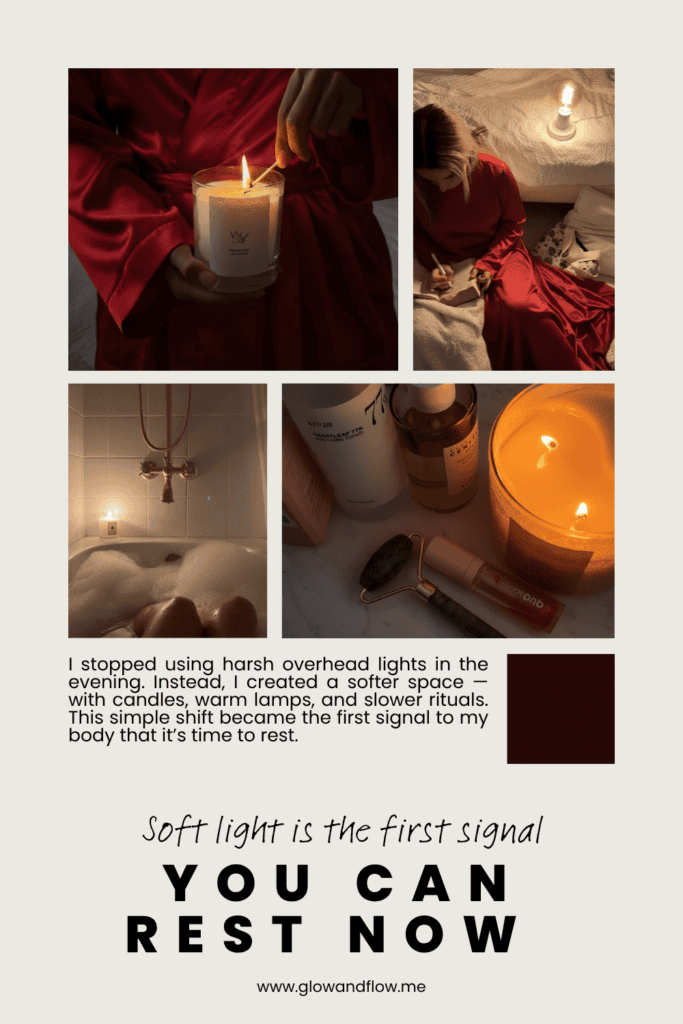Aesthetic beauty mood board featuring warm, soft lighting and calming evening rituals. The collage includes a person in a red robe lighting a candle, writing in a notebook by lamplight, relaxing in a candlelit bath, and skincare items arranged beside a glowing candle. The layout conveys a cozy, intimate nighttime atmosphere focused on relaxation and self-care, with neutral tones and a deep red accent. soft girl evening habits warm lighting routine illustration