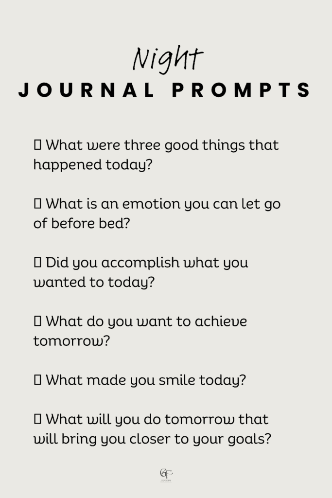 Night journal prompts graphic with reflective bedtime questions for mindfulness and end‑of‑day self‑care.