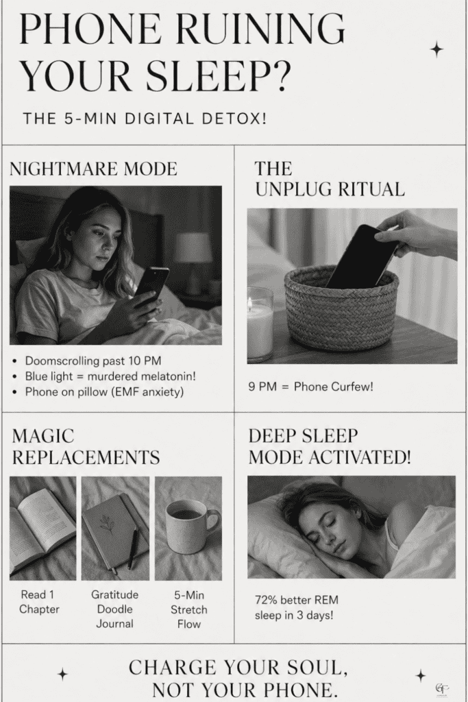 Black-and-white minimalist infographic about digital detox before bed, featuring real-life photos and tips to improve sleep by reducing phone use at night.