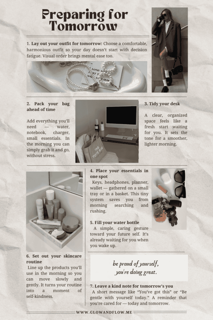 Preparing for Tomorrow self‑care guide with seven gentle evening habits, including outfit prep, bag packing, tidy desk, essentials tray, water bottle, skincare setup, and a kind note for the next day.