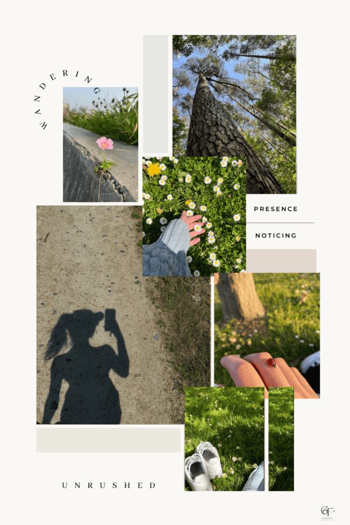 A minimalist nature collage featuring flowers, trees, shadows, and small everyday details, paired with the words “Wandering,” “Presence,” “Noticing,” and “Unrushed,” evoking slow living and mindful observation.