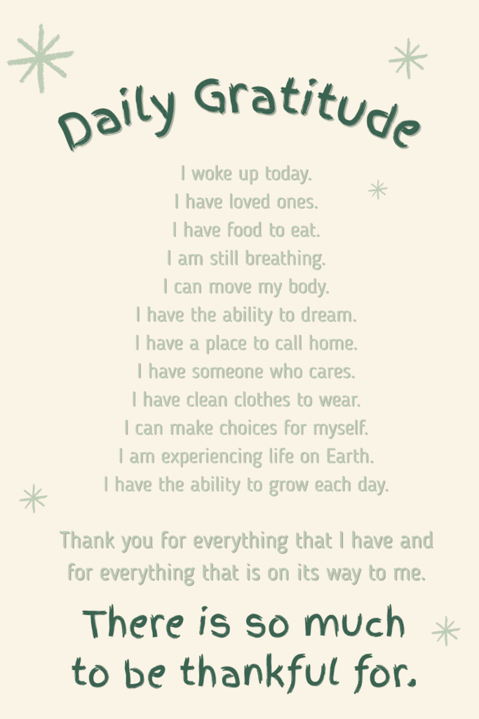 A minimalist “Daily Gratitude” poster with positive affirmations about appreciating everyday things, set on a light beige background with small decorative stars.