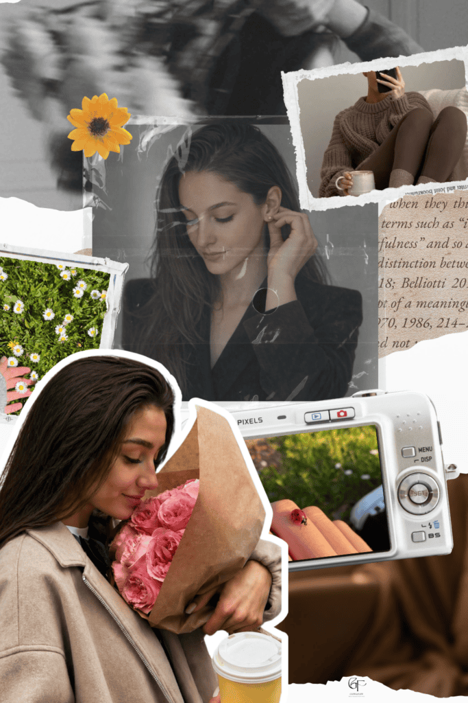 A warm, aesthetic collage featuring portraits, flowers, cozy moments with coffee, and nature‑inspired details, creating a calm and introspective mood.