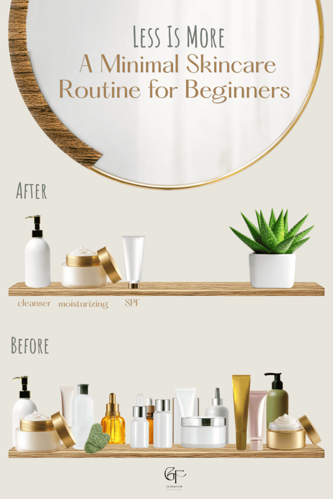 Minimal skincare routine comparison showing a cluttered shelf vs. a simple three‑step routine with cleanser, moisturizer, and SPF.