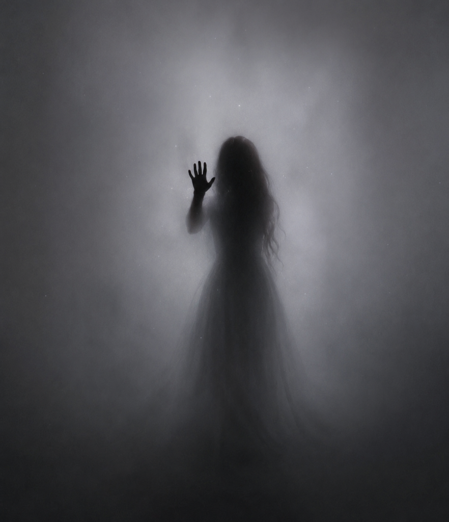 A dark, misty silhouette of a woman reaching forward through fog, symbolizing inner fears, emotional blocks, and the deep self‑reflection explored through shadow‑work journaling.
