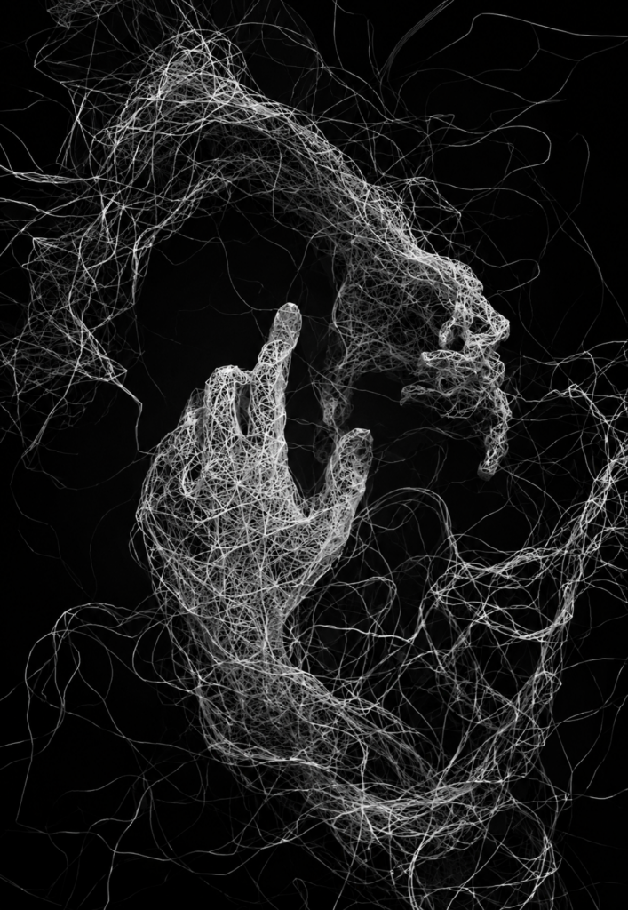 Abstract white thread lines forming a human face and hand on a black background, symbolizing the delicate process of untangling inner thoughts and exploring identity through deep journaling.