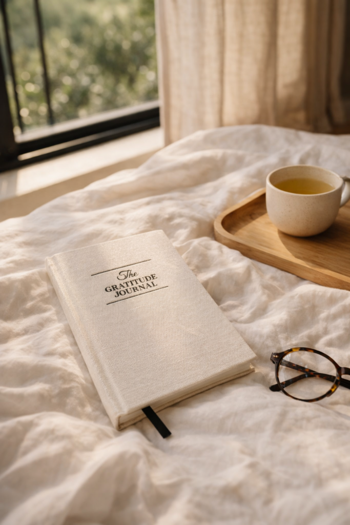 Cozy morning scene with a gratitude journal, glasses, and tea on a soft blanket, illustrating the “Write Down Three Things You're Grateful For” habit from 8 Proven Morning Rituals to Do Before Checking Your Phone.