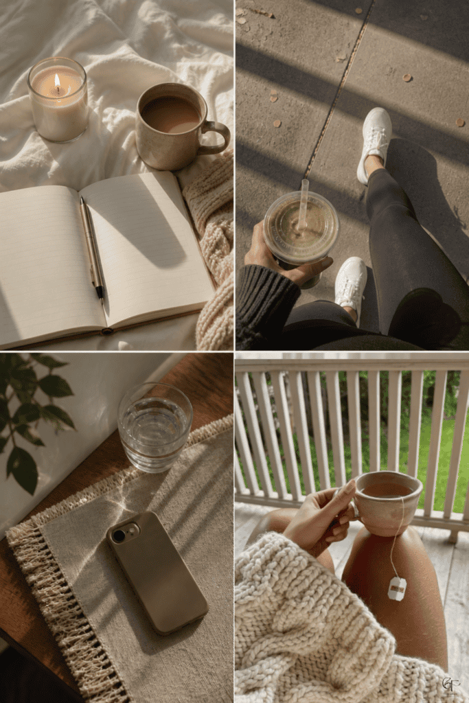 A cozy collage showing simple self-care moments: journaling with coffee, a walk with a smoothie, water and phone on a table, and relaxing with tea outdoors.