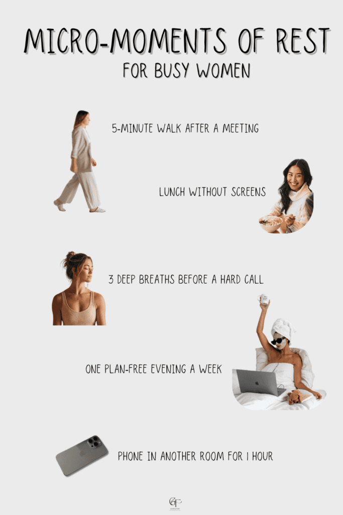 A wellness infographic with simple self-care micro‑moments for busy women, including a short walk, screen‑free lunch, deep breaths, a plan‑free evening, and phone‑free time.