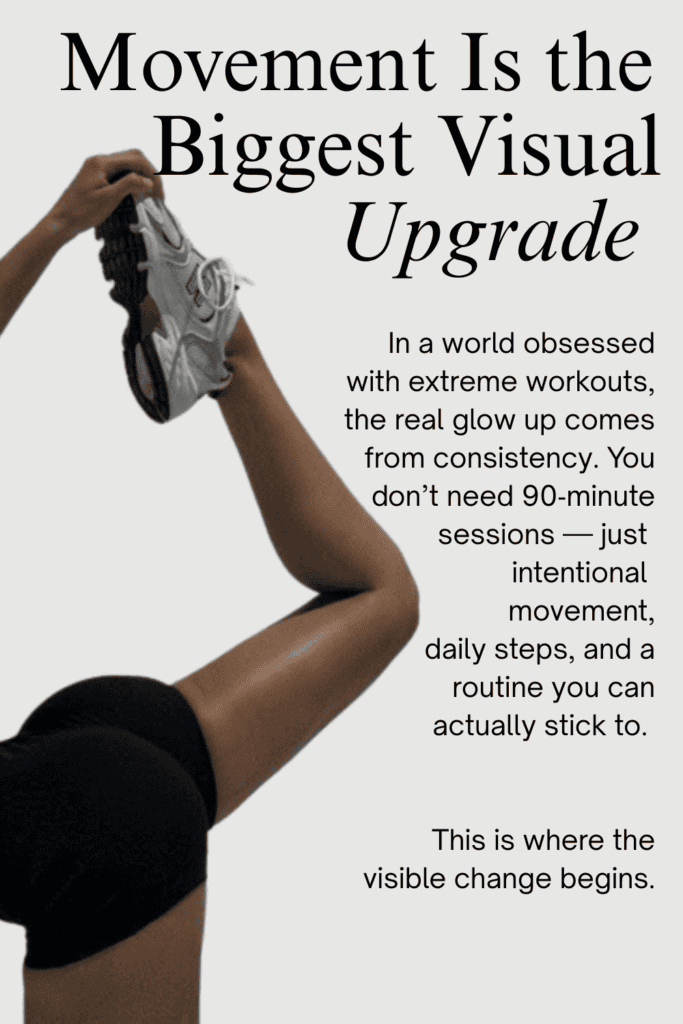 A woman stretching her leg in a minimal, bright setting, representing consistent movement and simple daily exercise habits that create a visible summer glow up.