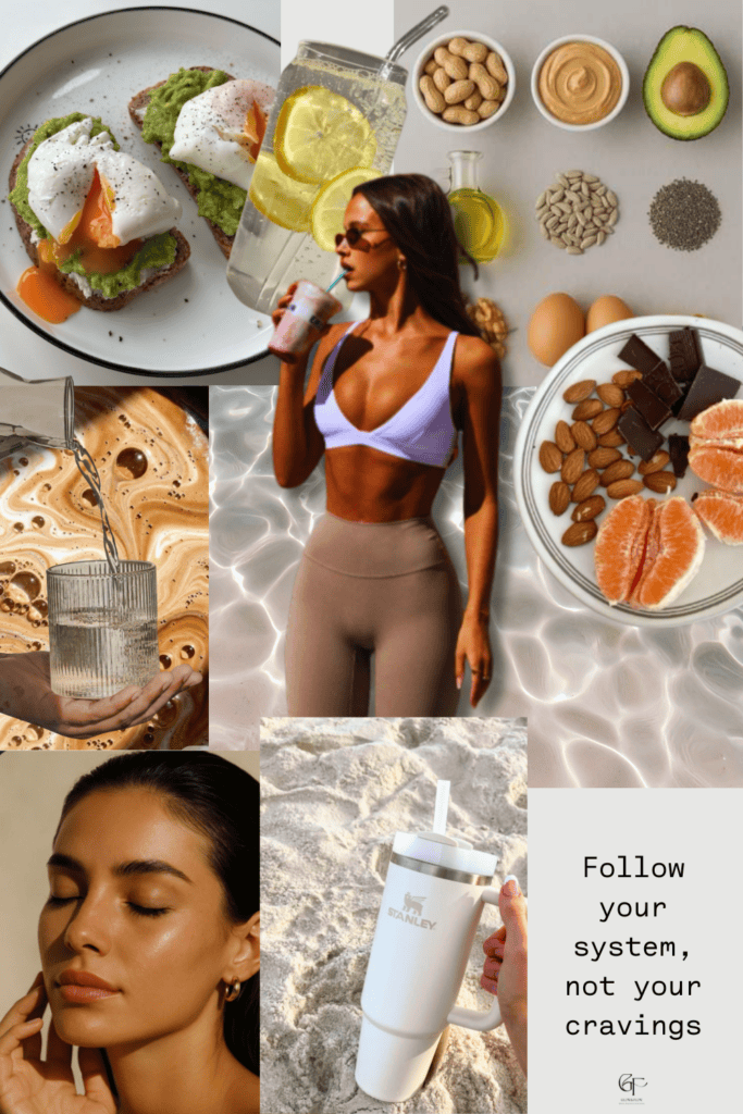 A collage of healthy foods, hydration, and glowing skin representing a simple eating system focused on protein, water, and sustainable habits for a summer glow up.