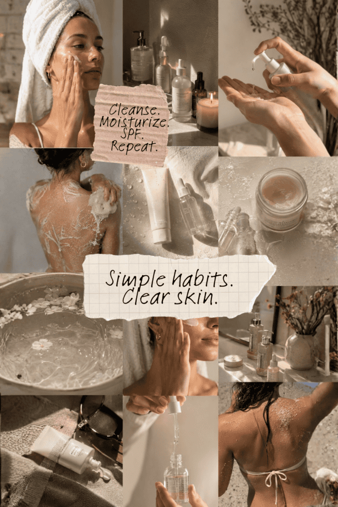 A collage of minimal skincare scenes showing cleansing, moisturizing, SPF application, and self‑care rituals that support clear, glowing skin before summer.