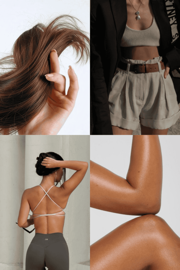 A four‑panel collage showing healthy hair, a chic neutral outfit, strong posture, and glowing skin, representing the small details that elevate a ultimate glow up routine before summer.