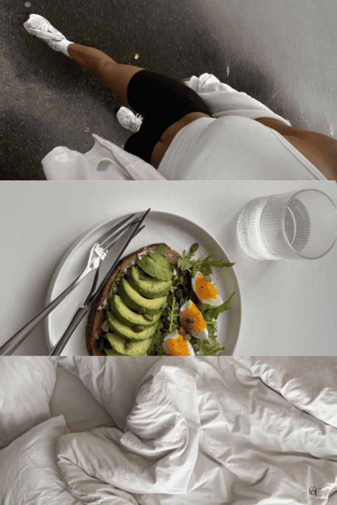 A three‑panel collage showing a woman walking in athleisure, a protein‑rich meal with avocado and eggs, and a cozy unmade bed, representing movement, nutrition, and sleep as the core habits of a summer glow up.