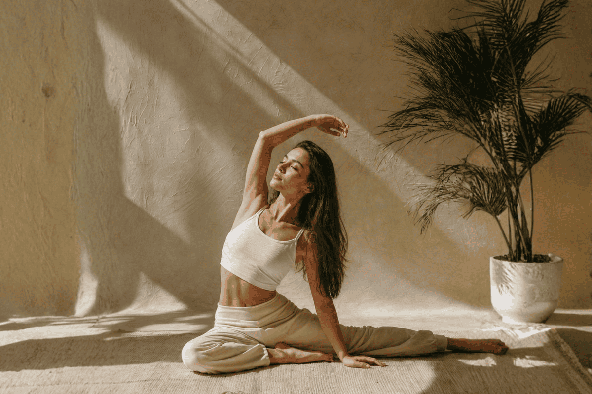 A serene yoga scene featuring a young woman in a graceful seated stretch pose, bathed in warm natural sunlight. Set against a minimalist beige backdrop with soft shadows and a touch of greenery, the image evokes calmness, balance, and wellness—perfect for themes of yoga, mindfulness, and healthy living.