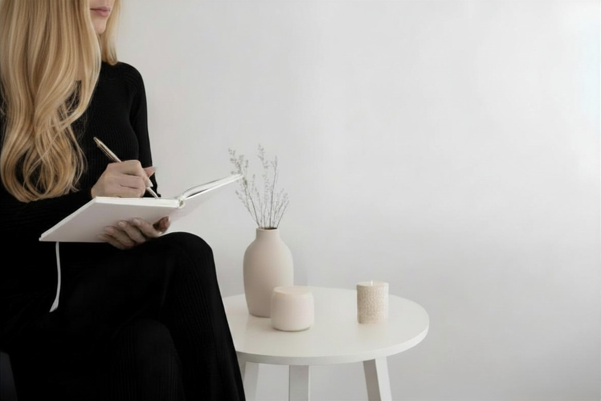 Woman with long hair in a black outfit writing in a white journal, minimalist aesthetic setting.