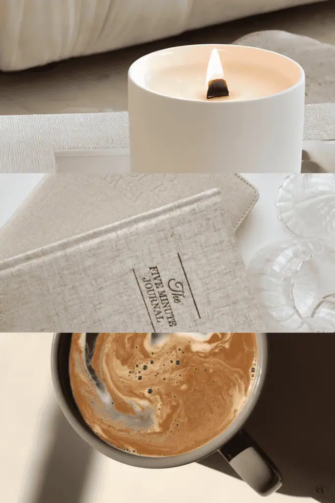 Anxiety relief inspired flatlay with a burning candle, The Five Minute Journal, and a warm coffee, creating a cozy self‑care and mindfulness atmosphere.