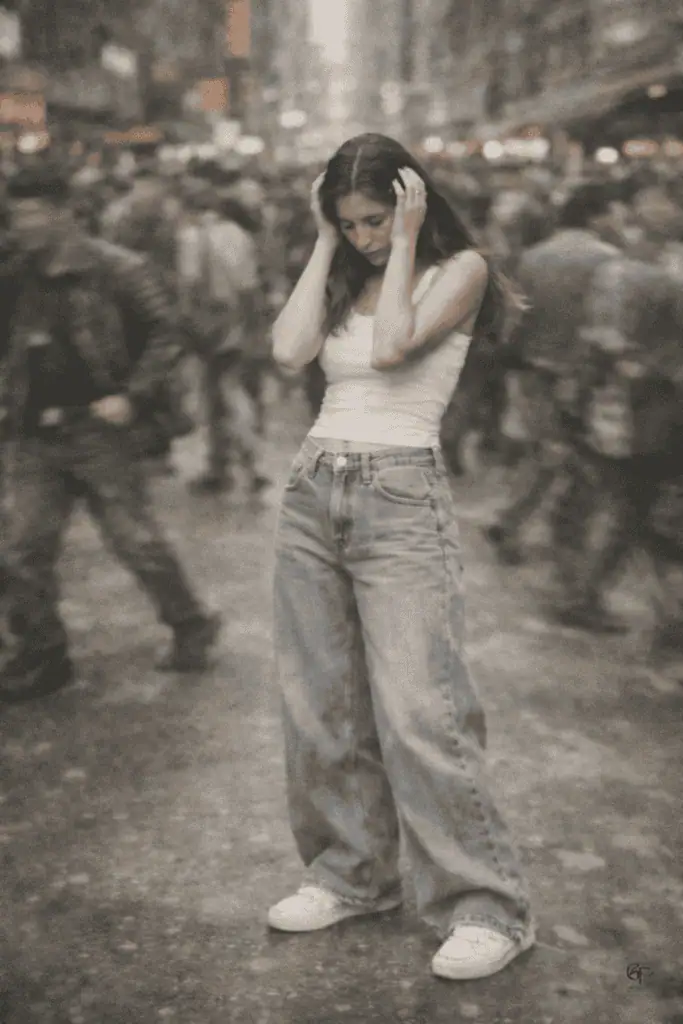Science-Backed anxiety relief illustrated by a woman standing still in a busy city crowd, holding her head as people blur around her, expressing stress and sensory overload.