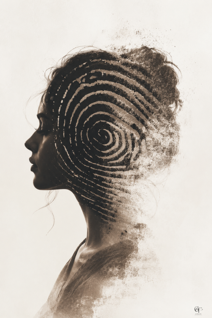 A minimalist side‑profile silhouette blended with a fingerprint pattern, symbolizing identity, self‑discovery, and the inner work explored through deep journaling prompts.