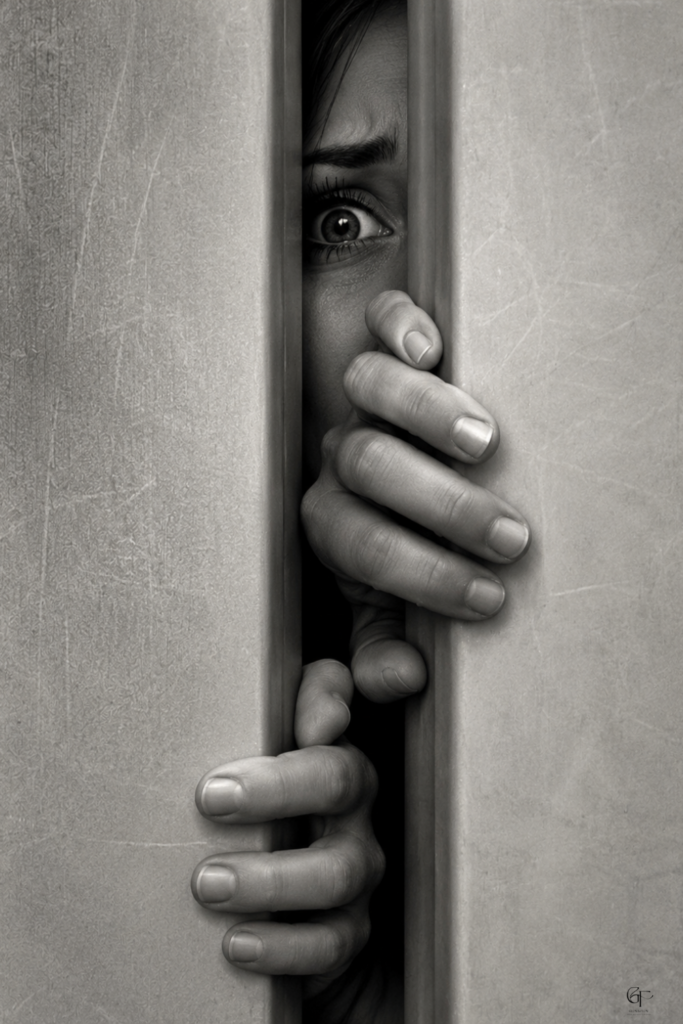 A grayscale close‑up of an eye and fingers peeking through a narrow gap, symbolizing fear, avoidance, and the vulnerable inner work explored through deep journaling prompts.