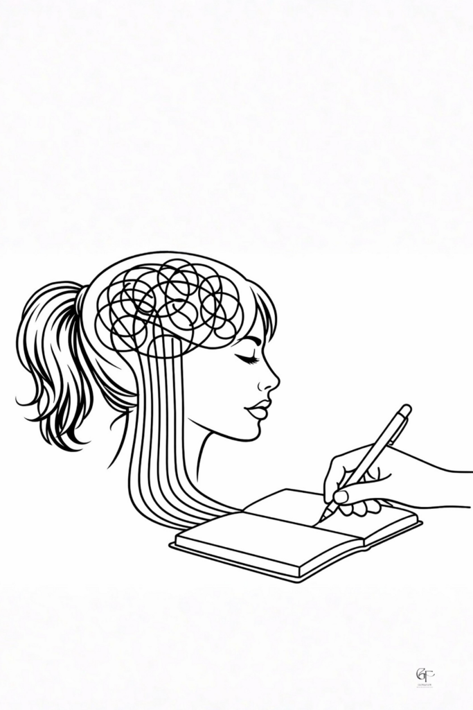 A minimalist line drawing of a woman with tangled thoughts inside her head, with straight lines flowing into a notebook as she writes, symbolizing how journaling transforms mental chaos into clarity.