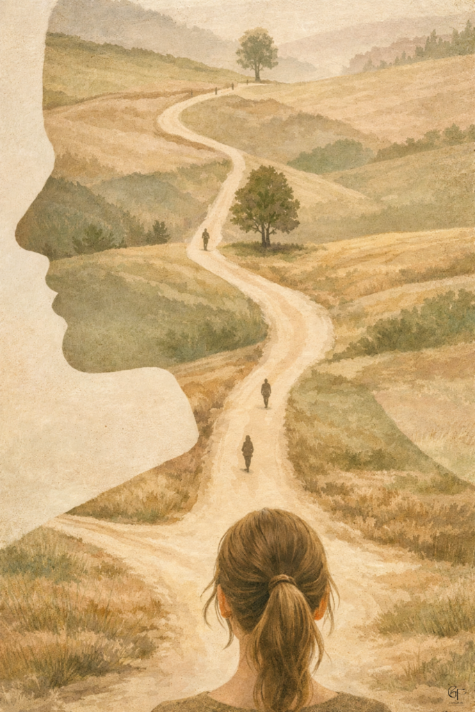 A surreal landscape where a winding path forms the outline of a human face, symbolizing the inner journey of self‑discovery and the reflective process explored through journaling.