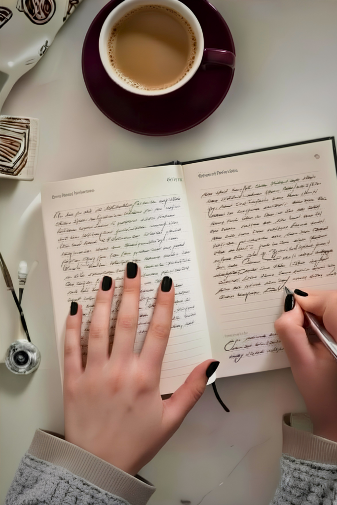 A close‑up of a person writing in a notebook beside a cup of coffee, symbolizing a calm journaling ritual that supports clarity, self‑reflection, and emotional grounding.