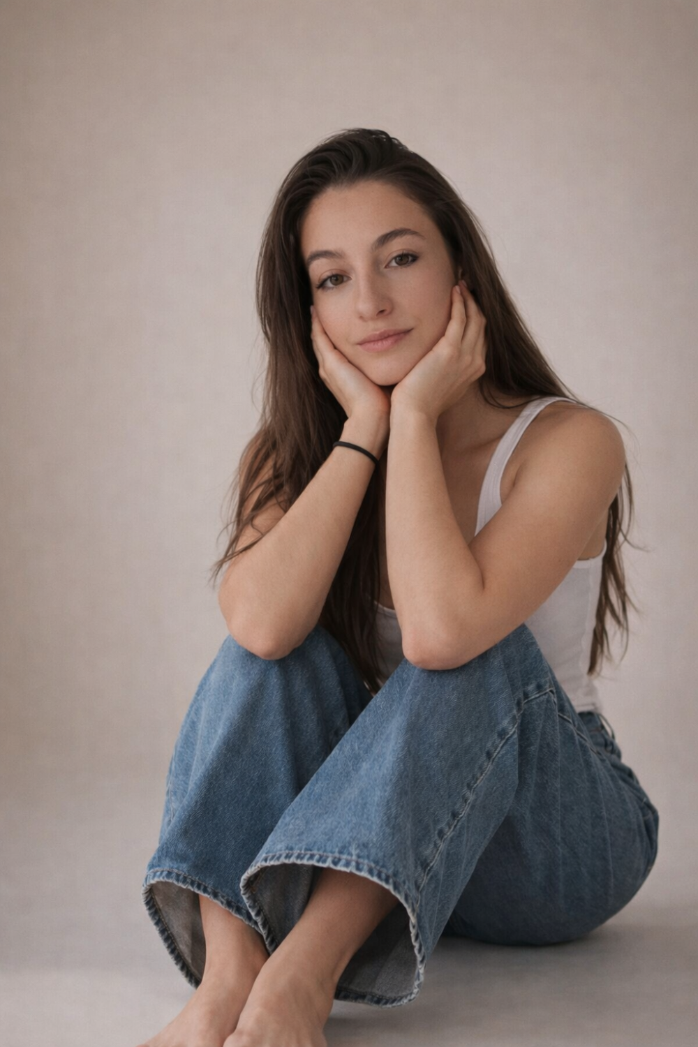 A young woman sitting on the floor in soft natural light, wearing a white tank top and blue jeans, resting her face in her hands with a calm expression.