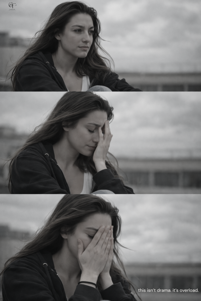 Three‑panel photo of a person moving from calm to overwhelmed, visually representing emotional overload and early signs of burnout.
