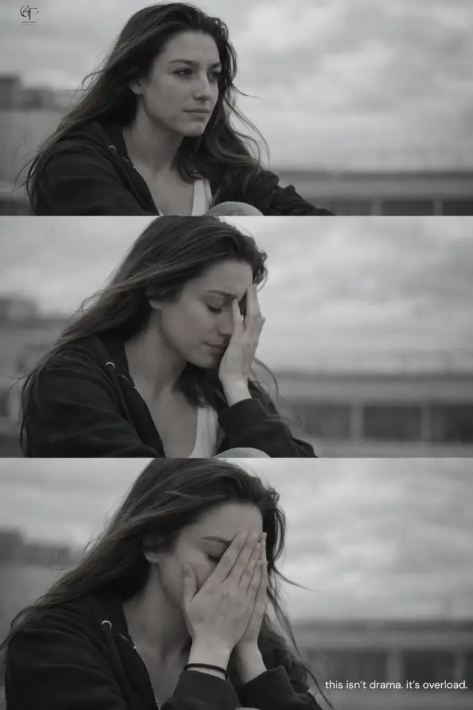Three‑panel photo of a person moving from calm to overwhelmed, visually representing emotional overload and early signs of burnout.