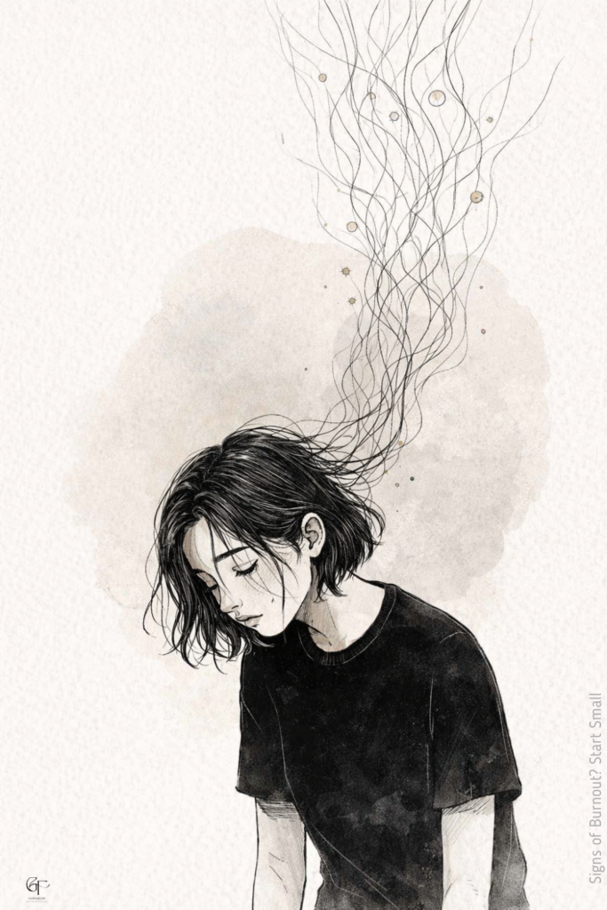 Fine‑line illustration of a tired woman with her head down, tangled lines rising from her mind, symbolizing mental overload and early signs of burnout.