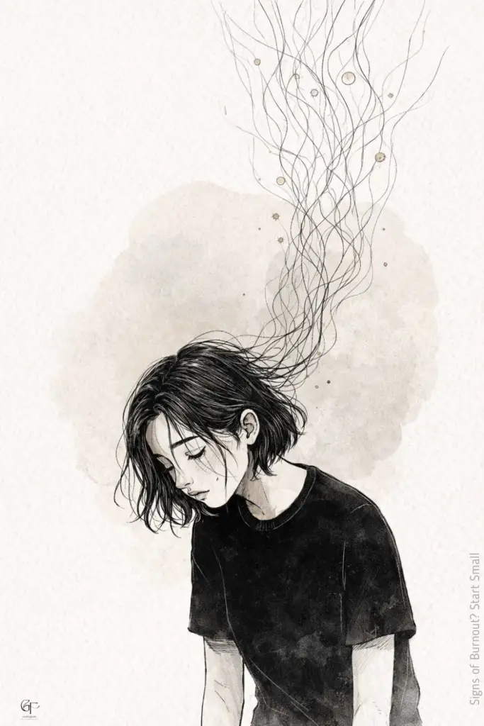Fine‑line illustration of a tired woman with her head down, tangled lines rising from her mind, symbolizing mental overload and early signs of burnout.