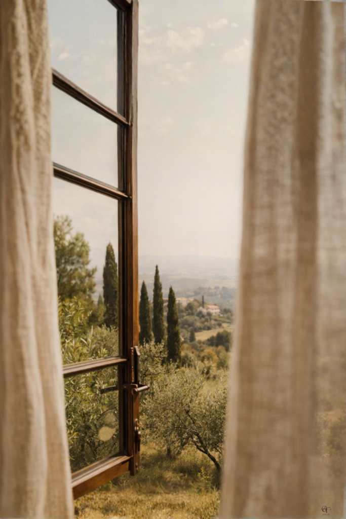 Open window with soft morning light shining over a peaceful countryside view, symbolizing the habit of stepping outside for natural light to support a healthy circadian rhythm.