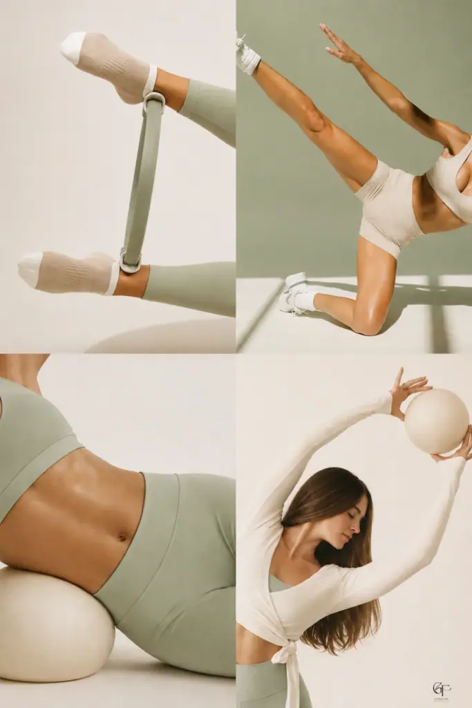 A four-part collage showing different gentle fitness and stretching poses in neutral-toned activewear, highlighting movement for strength, balance, and wellbeing.